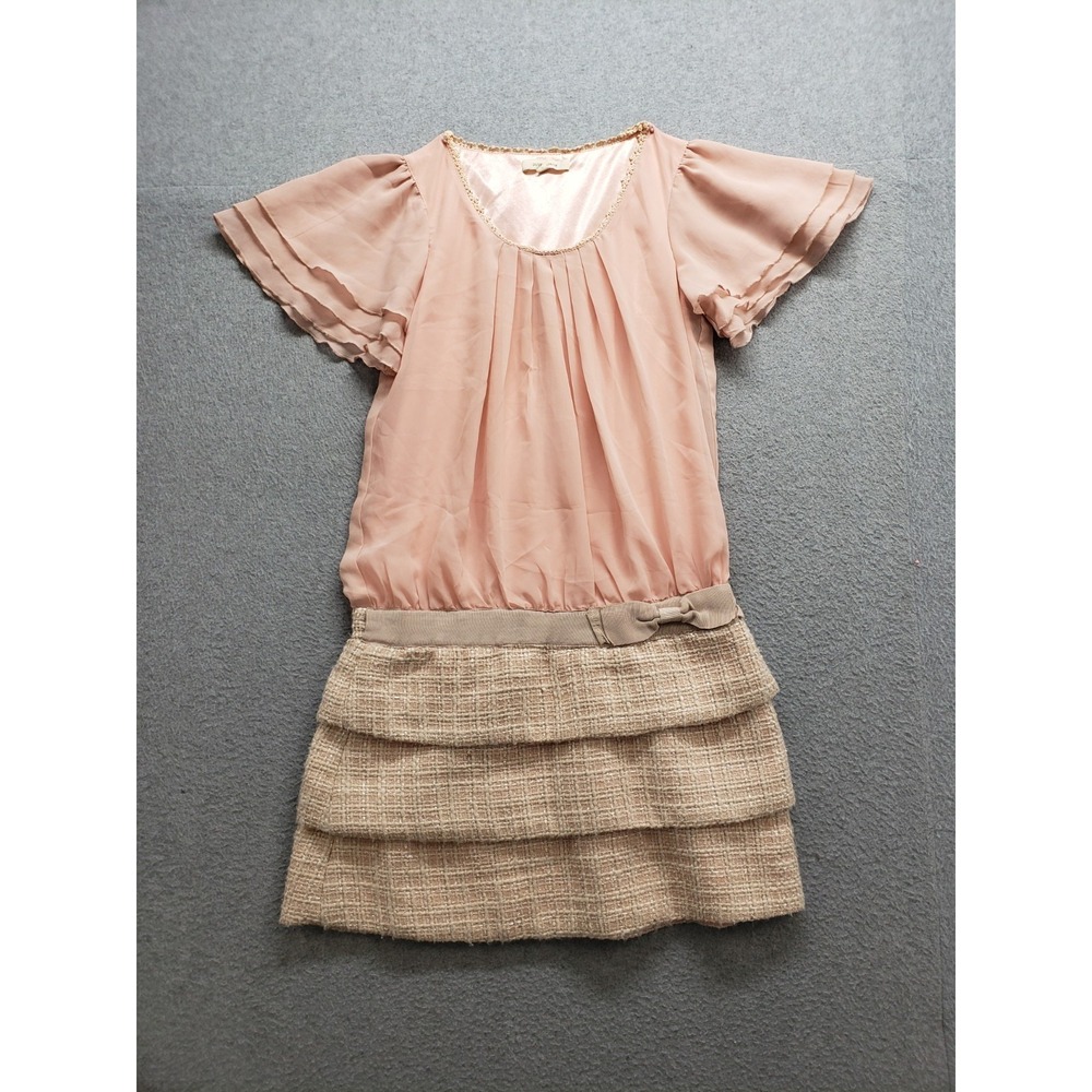 Olive Des Olive Women Mini Dress S Pink Chiffon Flutter Sleeve Ruffle Tiered